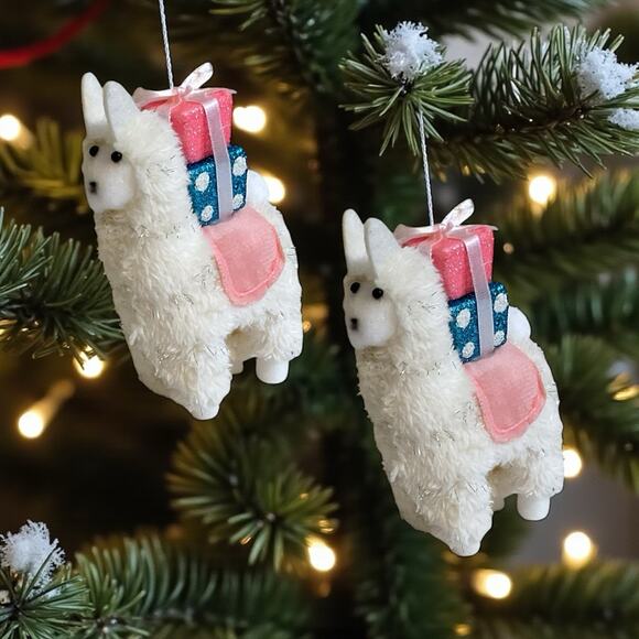 Llama/Alpaca Christmas Ornament Glitter Presents-Set/2 Cute Holiday Decor Gift - Picture 1 of 7